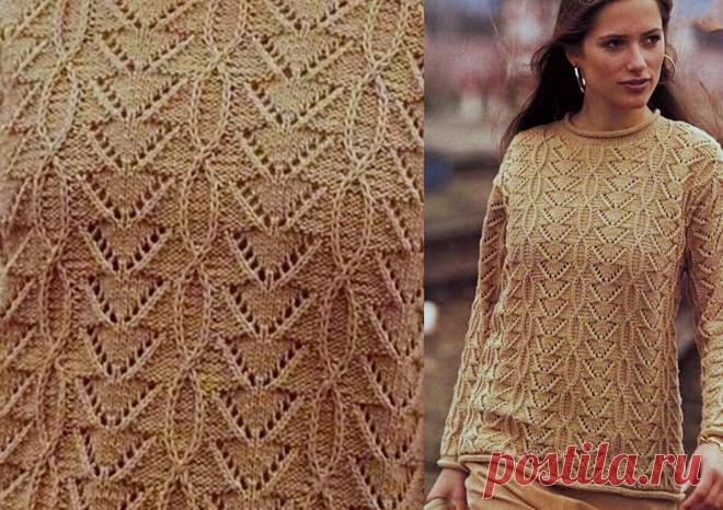 Элегантный джемпер песочно-бежевого цвета с ажурным узором.
Размеры 36/38 (42/44).