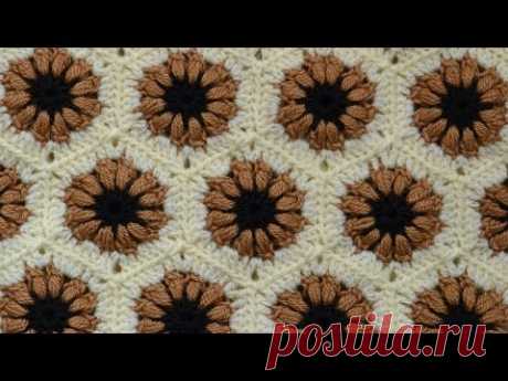 Как связать трехцветный шестиугольный мотив крючком. How to crochet The hexagonal motif.