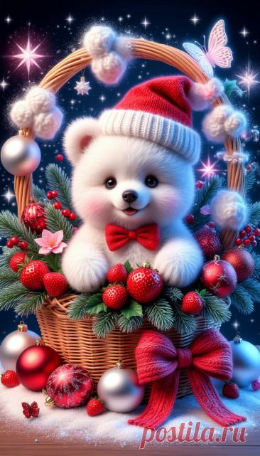 микромир, на столе, рисунок барельефы из облаков звёздочек, ёловые ветки, ёлочные шарики, букет цветов, клубники, бабочки, бантик, милый белый шпиц мишка на голове шапка колпаком санты, сидит в внутри подарочной корзинке с ручкой, большой бант, дисней,  выпуклые детали, вязанное искусство, белый,  голубой,  розовый,  неоновое освещение, синий, подсветка изнутри,  блеск, искры, фантастически, волшебно, сказка, фентези, красиво, высокое разрешение, 5D, высокая детализация