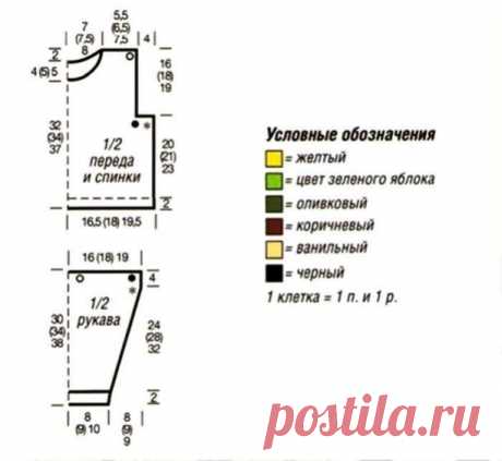 Детский джемпер с обезьяной. Описание\\

Размеры: 92/98 (104/110) 116/122 
Вам потребуется:  100 (200) 250 г. желтой, 100 (100) 150 г. пряжи цвета зеленого яблока, по 50 г. коричневой, ванильной, оливковой и черной, остатки белой пряжи (100% хлопка, 125 м/50 г); прямые спицы № 3 и № 3,5; короткие круговые спицы № 3; игла для вышивания.

Резинка: попеременно 1 лиц., 1 изн. 
Лицевая гладь: лиц. р. - лиц. п., изн. р. - изн. п.

ОБЕЗЬЯНА: вязать спереди лиц. гладью по счетной ...