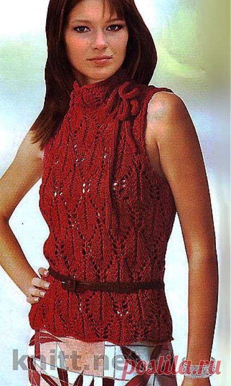 Ажурный топ красного цвета спицами | knitt.net | Все о вязании