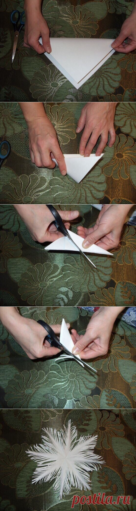 Вырезаем квадрат из листа бумаги. Сгибаем его по диагонали, сгибаем получившийся треугольник пополам, ещё раз пополам. И ещё раз.
Берём ножницы и от сгиба сверху отрезаем ненужный угол. К центральному сгибу под наклоном делаем надрезы, не дорезая до него. Аккуратно разворачиваем снежинку. И так нарезаем несколько заготовок разного размера и разного цвета.