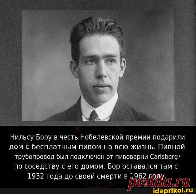 Нильсу Бору в честь Нобелевской премии подарили дом с бесплатным пивом на всю жизнь. Пивной трубопровод был подключен от пивоварни СагIзБега по соседству с его домом. Бор оставался там с 1932 года до своей смерти в 1962 году. - ) / АйДаПрикол .)