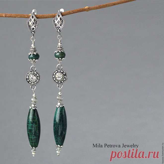 Длинные серьги с яшмой_Ветер с востока. Длинные зелёные серьги лучший  подарок девушке, женщине. Длинные серьги на выпускной. Длинные серьги на лето.