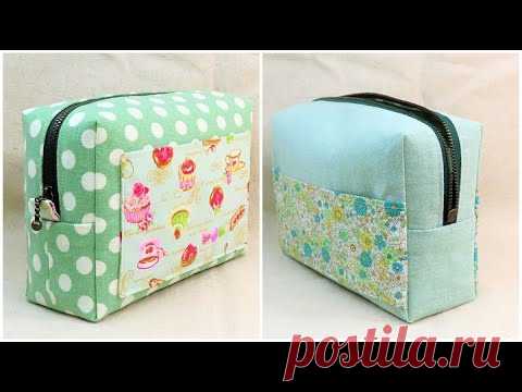 ボックスポーチ作り方 型紙なし How to sew a zipper box pouch 裏地付き 縫い代の見えない作り方　30cmファスナー使用