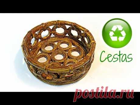 Cómo hacer cestas de periodico. How to make basket paper - YouTube