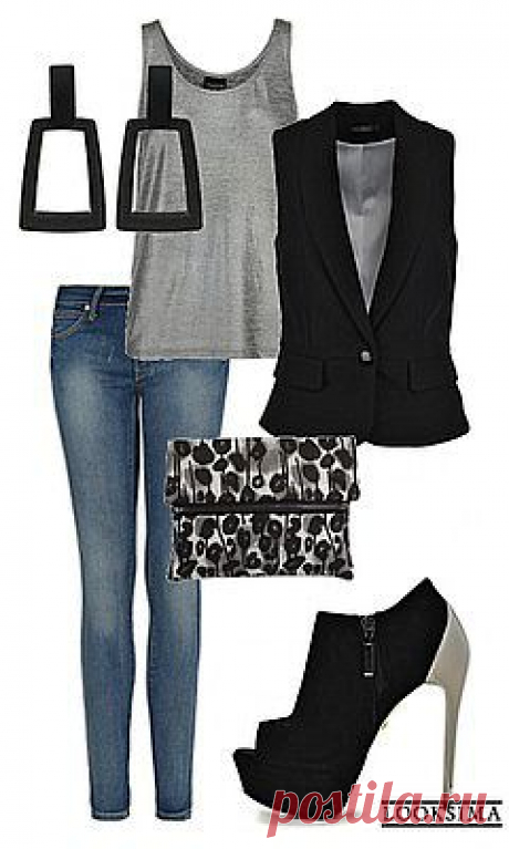 Соберите смелый клубный look: джинсы+топ с эффектом &quot;металлик&quot;, черный жилет, ботильоны с открытым мыском и клатч с леопардовым принтом.
