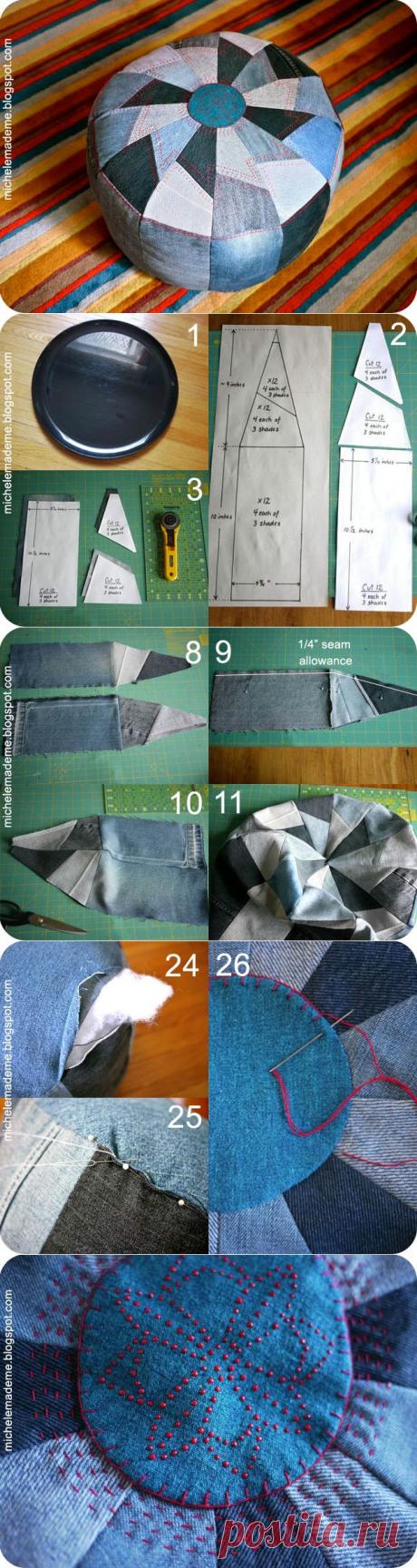чехол из лоскутов для круглого пуфика (вторичное использование джинс) | Варварушка-Рукодельница