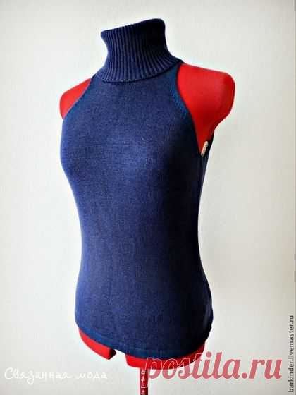 Вязаный топ с американской проймой " Американка" - тёмно-синий,однотонный