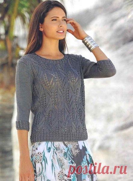 Ажурный пуловер 

Размеры: 36-38, 40-42 и 44-46. 
Данные для размера 40-42 приведены в скобках (), для размера 44-46 - в двойных скобках (()). 
Если указано только одно значение, оно применяется ко всем 3 размерам.
Длина пуловера: примерно 57 (58) ((60)) см.
Вам потребуется: 
350 (400) ((450) г пряжи типа LINIE 321 SILK от ONline цвета серого камня номер 14 (100% шелк, 150 м/50 г); спицы № 3-3,5. 
Ажурная резинка (на спицах №3): Число петель кратно 4 1 кром. 
Вязать соглас...