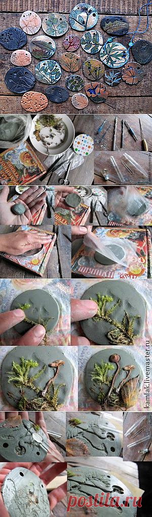 глиняный кулончик с отпечатками растений - Ярмарка Мастеров - ручная работа, handmade