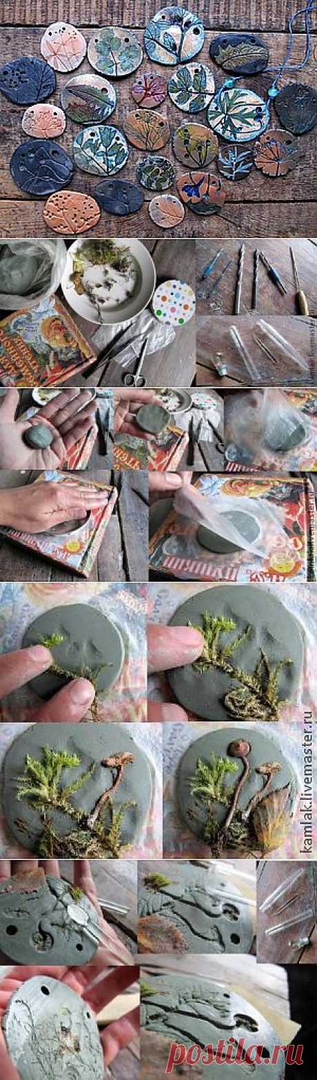 глиняный кулончик с отпечатками растений - Ярмарка Мастеров - ручная работа, handmade