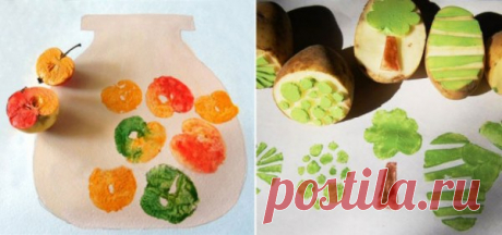 Отпечатки овощами и фруктами
Яблочко, картофель, морковь или сельдерей – эти и другие овощи прекрасно подойдут для рисования. Нужно лишь разрезать их пополам. обмакнуть в краску и сделать отпечаток на бумаге.