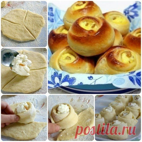 Булочки "Розочки" с творогом 
Это красивая и вкусная выпечка. 
Ингредиенты: -Молоко - 250 мл -Яйца (2 в тесто, 1 в начинку) - 3 шт -Сахар (100 г в тесто, 100 г в начинку) - 200 г -Слив. масло (или маргарин) - 100 г -Мука (приблизительно) - 600-700 г -Ванильный сахар (1 пакетик в тесто,1 в творог) - 2 пакет. -Дрожжи (свежие или сухие 2 ч.л.) - 25 г -Творог - 500 г -Изюм - 100-150 г -Цедра лимона (по желанию, в тесто) -Соль (неполная) - 1 ч. л. 
Приготовление: 
Первым делом ...