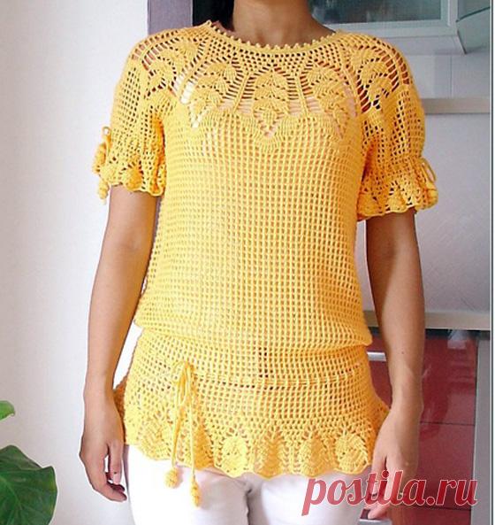 Кофточка на круглой кокетке Вязаная крючком филейная кофточка на круглой кокетке. Схема