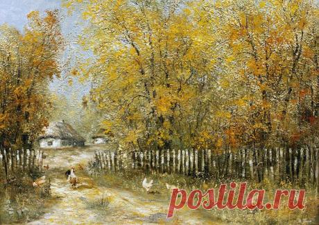 &quot;Осень в селе&quot; подрамник 50х70\в раме 68х88\масло\холст\авторская\под заказ