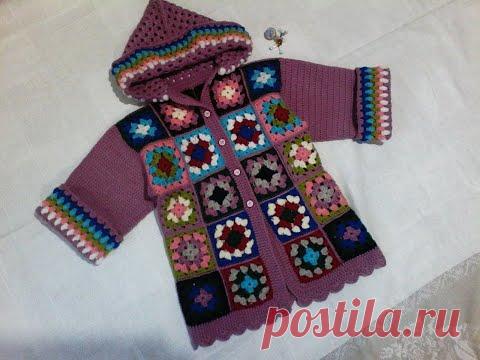 пальто с капюшоном вязаное крючком из мотивов на 3-4 года бабушкин квадрат