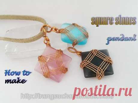 Wire wrapped pendant with square and rectangular stones without holes 383