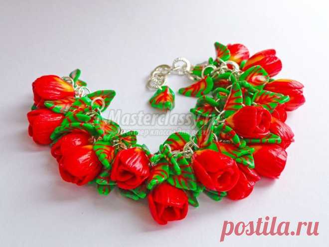 Браслет из полимерной глины «Красные тюльпаны». Пошаговый мастер-класс с фото
