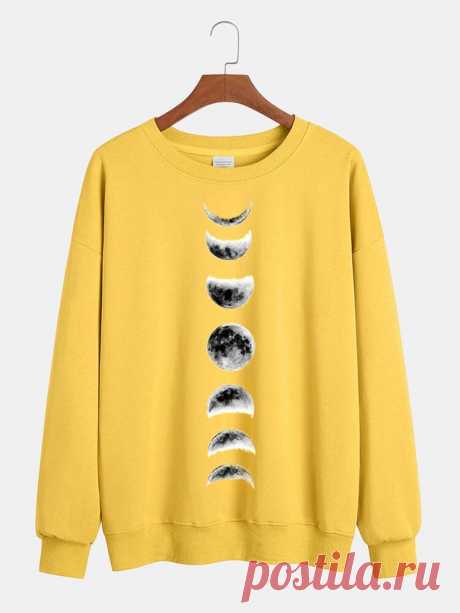 Mens Design Moon Print Round Neck Casual Pullover Long Sleeve Cotton Sweatshirts - US$29.99