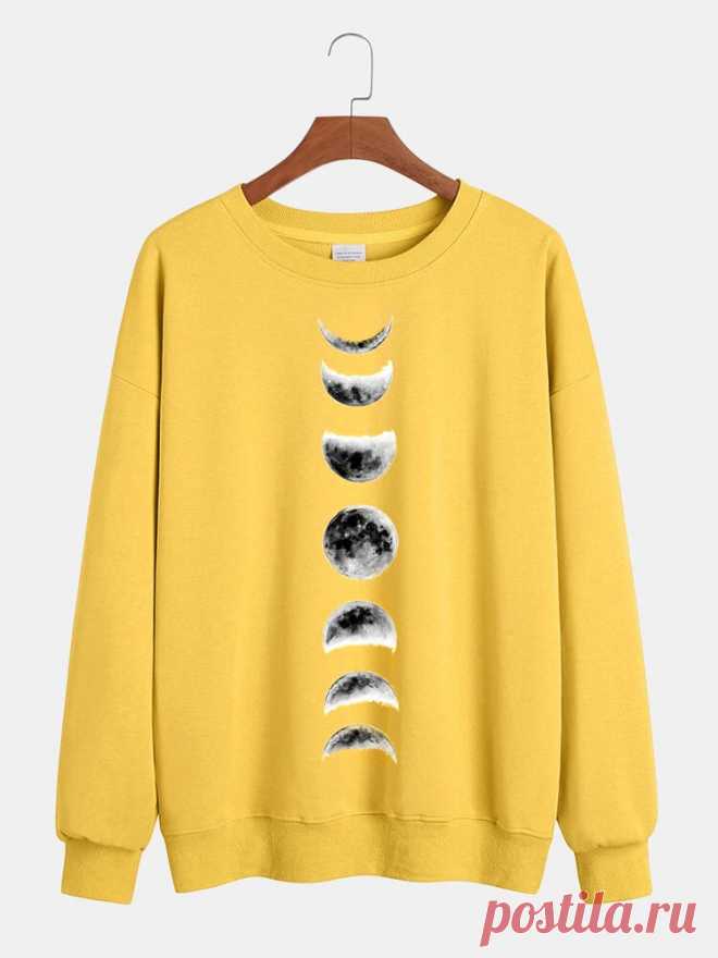 Mens Design Moon Print Round Neck Casual Pullover Long Sleeve Cotton Sweatshirts - US$29.99