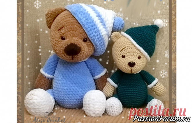 Потапыч в пижаме - запись пользователя AliseCrochet (Алиса) в сообществе Мир игрушки в категории Вязаные игрушки. Мастер-классы, схемы, описание. Два косолапых товарища  Техника: вязание крючком amigurumi Размер: плюшевый 41 см, хлопковый 21 см    Материалы для Мишки из плюша пряжа: плюшевая Himalaya Dolphin Baby, Камтекс «Велюр», крючок № 5,0, наполнитель, глазки 11 мм Материалы для Мишки из