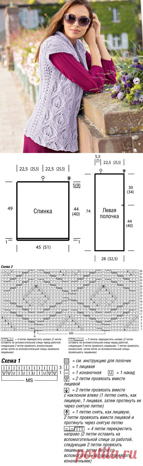 Жилет спицами с ажурными листьями
