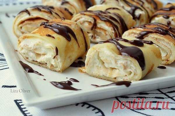 Рулетики из блинчиков с творожно–банановым кремом — вкуснее вы не пробовали! Ингредиенты: Для ...