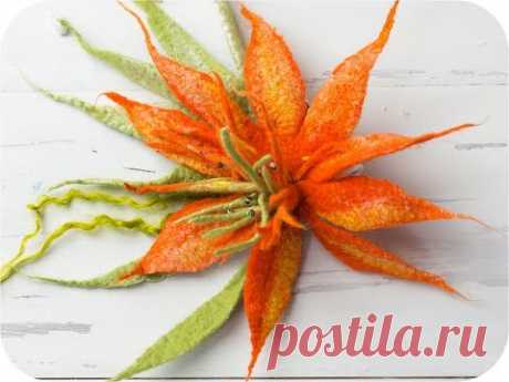 How to DIY felting tutorial on a flower. Spiky Orange Flower - Felted Brooch