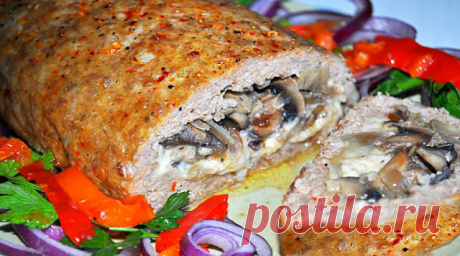 МЯСНОЙ РУЛЕТ с СЫРОМ и ГРИБАМИ Аппетитный мясной рулет из Фарша с Начинкой.