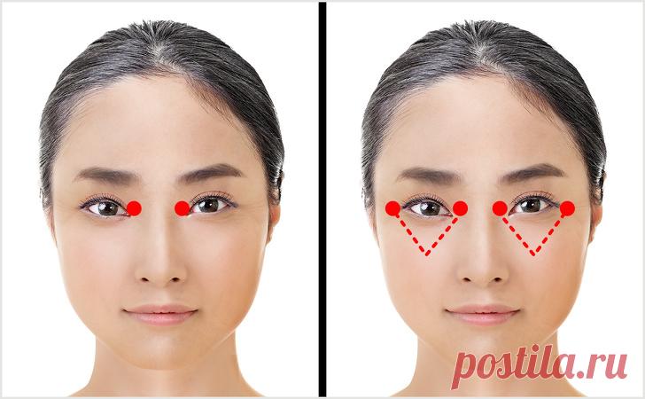 Японская техника для омоложения зоны вокруг глаз. Занимает всего 1 минуту С возрастом мы отмечаем, глядя в зеркало, что наши глаза устали и погрустнели. Опускаются брови, верхнее веко, ползут вниз внешние уголки глаз, появляются мелкие морщины и даже глубокие, которые кажутся таковыми за счет отеков...