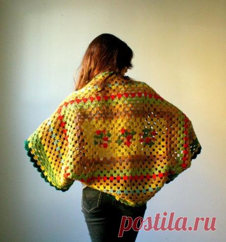 Handmade shrug. kimono sleeve poncho sweater. granny square and boho chic. one…