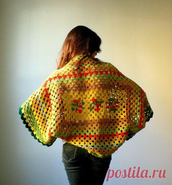 Handmade shrug. kimono sleeve poncho sweater. granny square and boho chic. one…