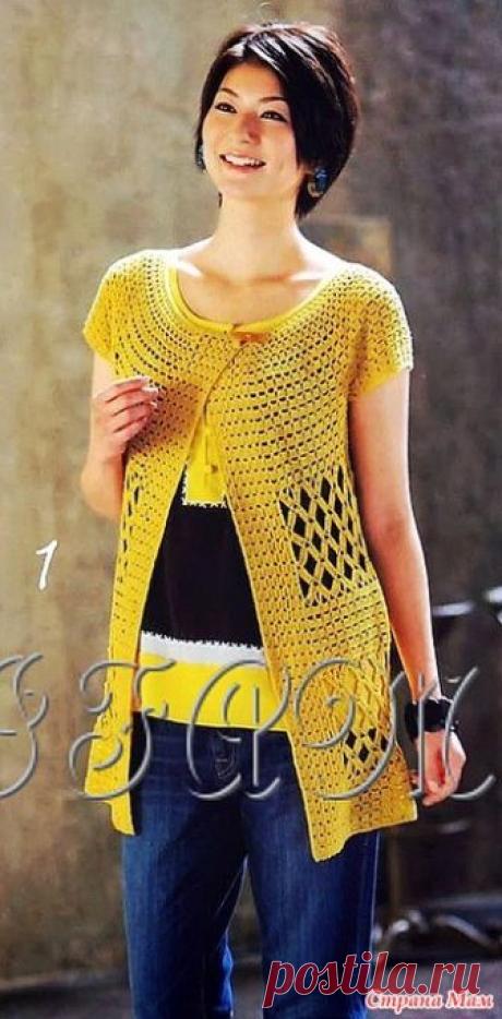 Удлиненный ажурный жакет с круглой кокеткой. Крючок. https://crochetemoda1.rssing.com/