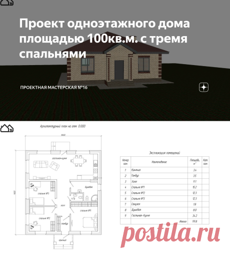 Проект одноэтажного дома площадью 100кв.м. с тремя спальнями | Проектная мастерская №16 | Яндекс Дзен
