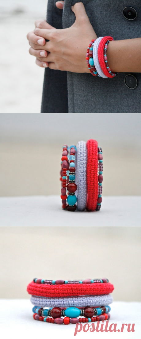 Coil crochet beaded bracelet on memory wire