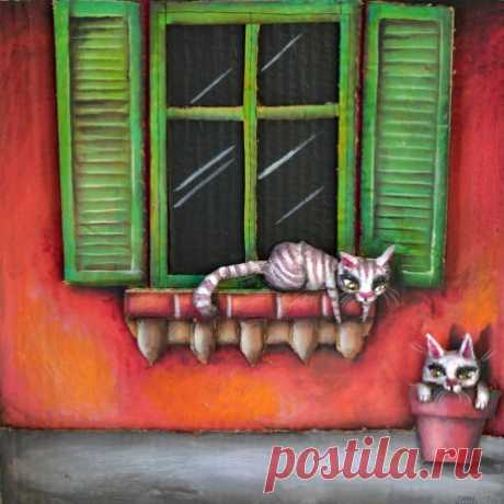 Deux chats dans la rue The unique and original artwork Deux chats sur un toit is a creation from the artist Cathy Mouis, who paints relief artworks, very original and funny, with animals, using coton, cardboard, paper