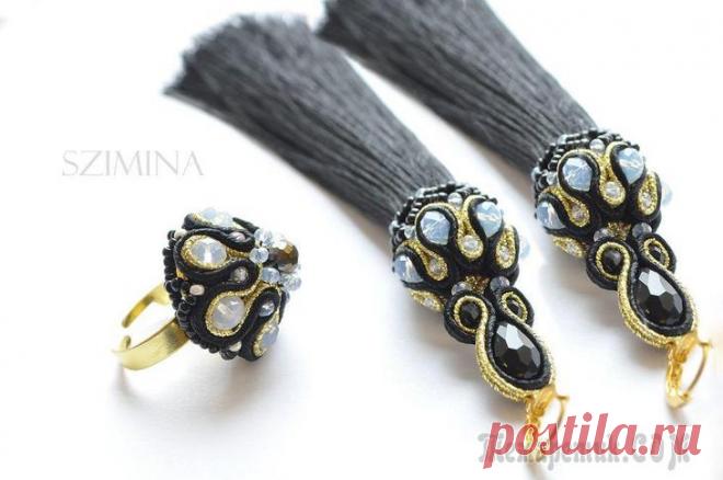 Сутажные серьги-кисти «Оскары» Для изготовления серег нам потребуются следующие материалы:1. Бусины рондели 6*4 мм — 12 шт.2. Бусины рондели 2*3 мм — нить.3. Бусины капли 12*7 мм — 2 шт.4. Рондели черного цвета 3*4 мм — 4 шт.5. Бис...