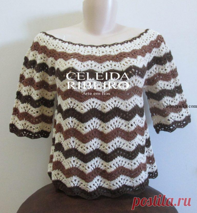 Блузка крючком узором зигзаг. Модная блузка крючком со схемами Модная ажурная блузка свободного покроя связанная крючком.Модель выполнена узором зигзаг из разноцветной пряжи. У блузки открытый вырез лодочка