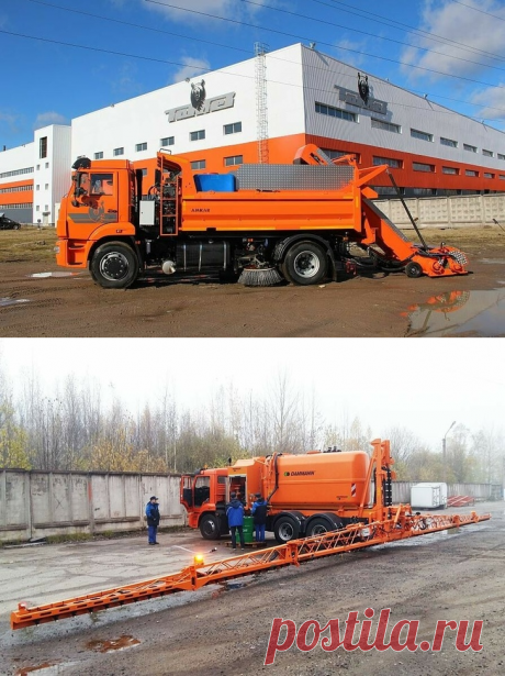 2020 декабрь. Российская компания АО «Коминвест-АКМТ» изготовила новые модели спецтехники на шасси КАМАЗ: подметально-уборочную машину ПУМ-6Х на шасси двухосного пятикубового самосвала КАМАЗ-43253; машину для для обслуживания аэродромов МРР-К30-01 на модифицированном шасси КАМАЗ 65115 с баком 8000л и штангой с максимальной рабочей шириной 24м