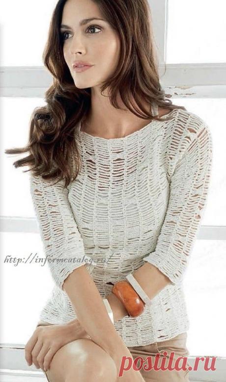 Белый Пуловер Связанный Крючком | Ниточка