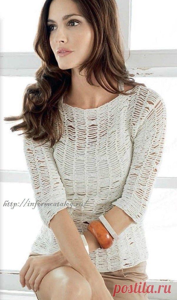 Белый Пуловер Связанный Крючком | Ниточка