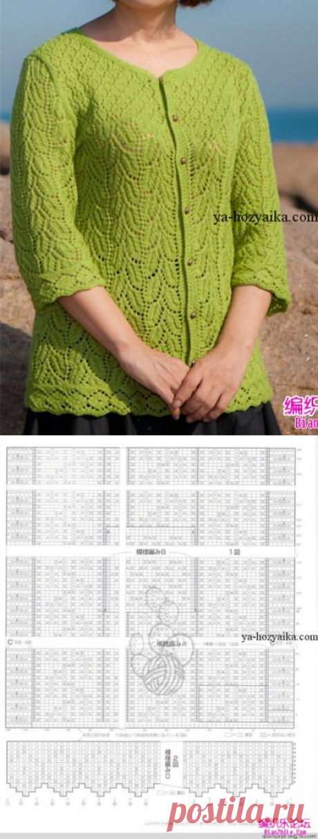 Жакет спицами ажурным узором. Модели из японских журналов схемы