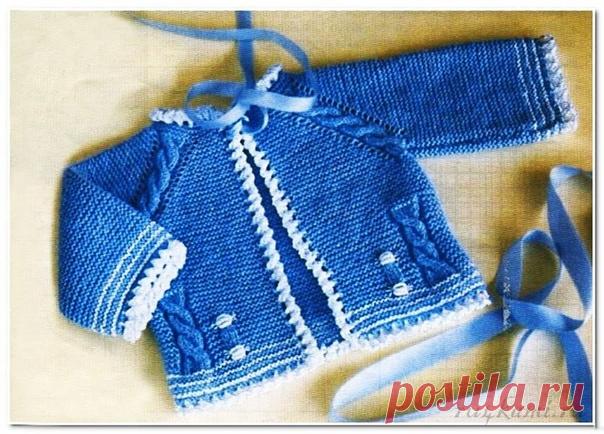 Вязаная кофточка для новорожденного, описание и схема по ссылке: http://ru4kami.ru/vyazhem-odezhdu/950-vyazanie-dlya-n..