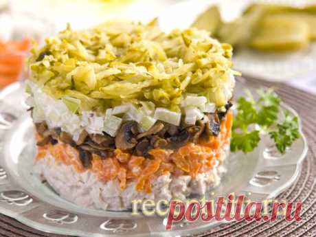 Салат «Обжорка» с курицей и шампиньонами слоеный | Кулинарные рецепты с фото на Рецептыши.ру