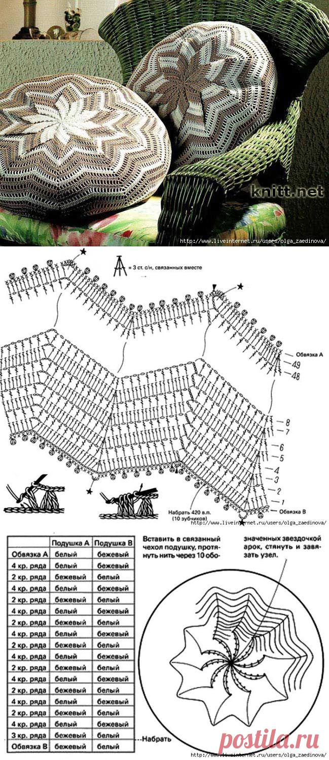 Вязаные подушки с узором колеса ветряной мельницы.