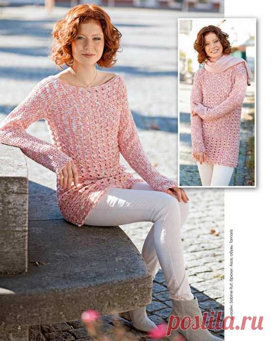 АЖУРНЫЙ ДЖЕМПЕР ИЗ МЕЛАНЖЕВОЙ ПРЯЖИ. КРЮЧОК.