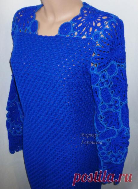 Теплое вязаное платье крючком с кружевными вставками.
Свяжем такое платье на заказ в любом цвете и размере.