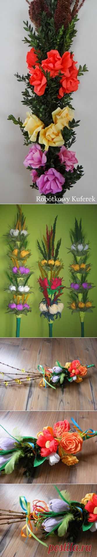 Пасхальная ВЕРБА. Декоративная композиция из веточек самшита и цветов из гофрированной бумаги | Самоделкино