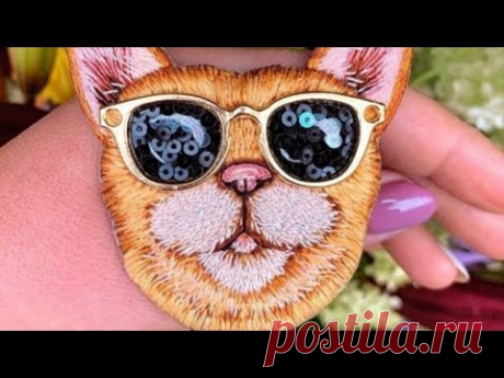 Вышивка гладью броши Рыжий кот.